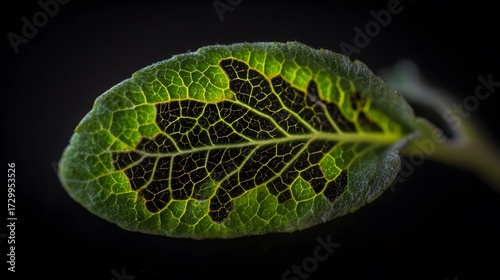 A macro photograph of a young leaf with intricate, damaged vein patterns, symbolizing hidden vulnerability.