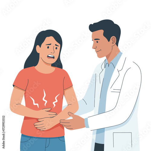 Doctor consulting patient experiencing abdominal pain stomach discomfort medical consultation healthcare diagnosis appointment illustration