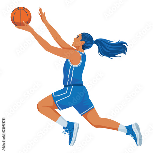 Athletic woman basketball player leaping for a shot in dynamic action sport game illustration
