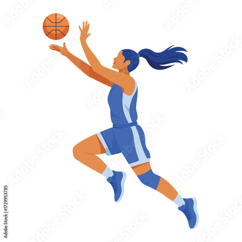 Dynamic woman basketball player leaping and shooting ball in blue uniform mid-air athletic action shot illustration