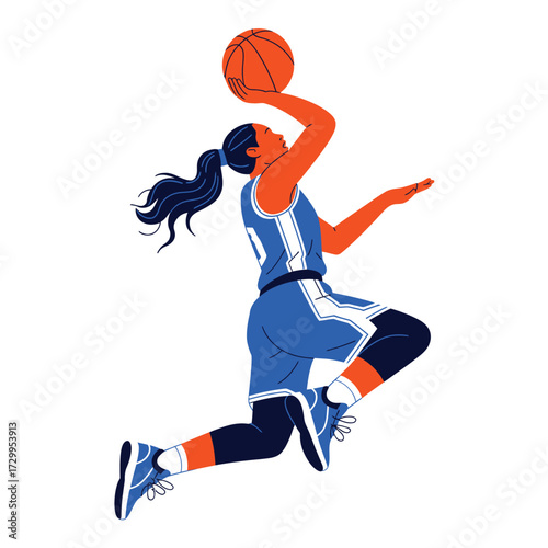 Dynamic female basketball player leaping high to dunk ball in athletic competition action pose illustration