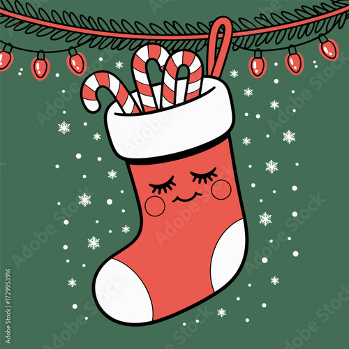 hanging christmas stocking, retro ornament pattern background, cozy holiday illustration, candy cane detail, cheerful seasonal greeting vector