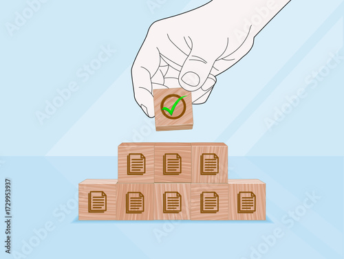 Final Approval in Document Management Workflow, Hand places green checkmark block atop pyramid of document icons