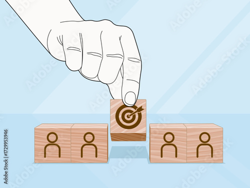 Targeting the Right People in Strategic Business Planning, Hand places goal icon among person blocks in clean visual layout