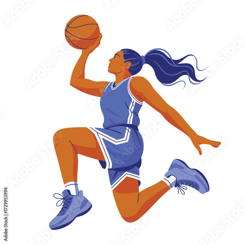 Dynamic athletic female basketball player leaping mid-air shooting ball in bright blue uniform skillful play illustration