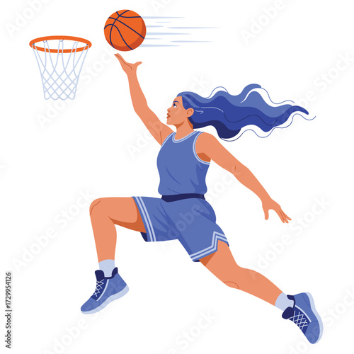 Energetic female basketball player in mid-air dunking action during intense game competition sports scene illustration