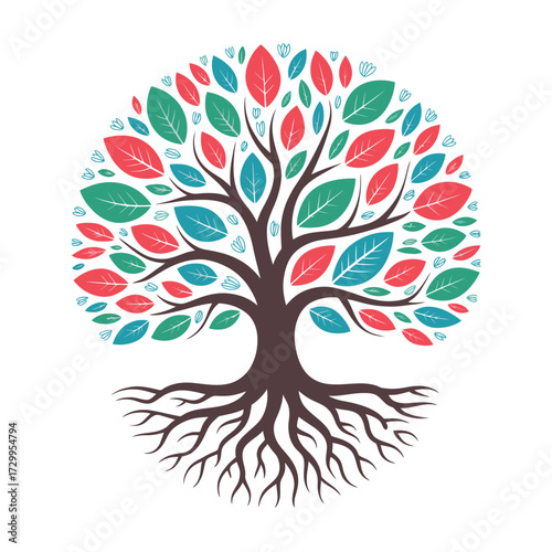 Stylized tree of life with vibrant colorful leaves and intricate roots symbolizing growth growth and connection illustration