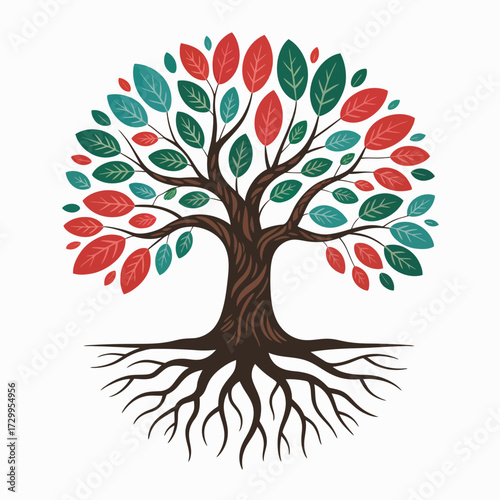 Vibrant tree of life with deep roots and colorful leaves symbolizing growth and connection illustration