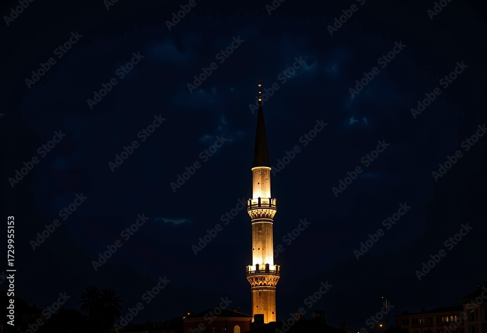 Fototapeta premium Illuminated Nighttime Minaret Standing Tall Against a Deep Blue Night Sky with Subtle Cloud Patterns Enhancing the Serene Urban Landscape