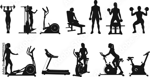 Gym fitness silhouettes — men and women using treadmills, ellipticals, weights, bikes — workout routine icons for health, training, and wellness design.