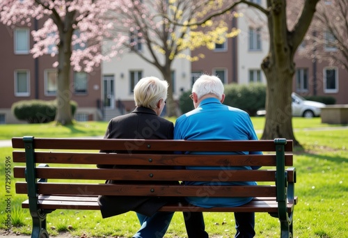 Elderly couple seated on a park bench beneath blooming trees, enjoying a peaceful conversation surrounded by a scenic, sunlit urban landscape