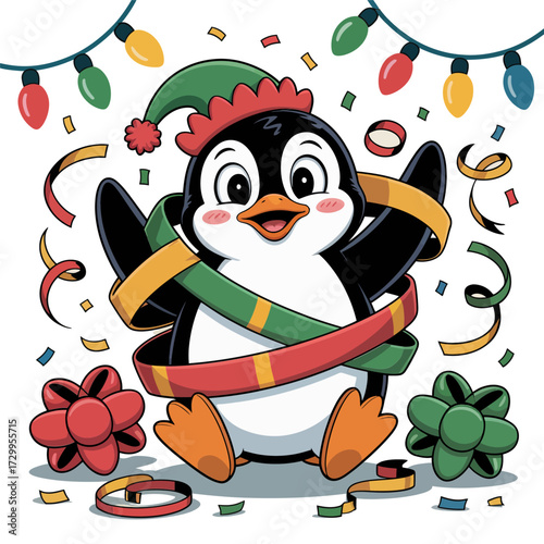 penguin tangled in festive lights, smiling holiday character with ribbons, seasonal celebration concept, cute christmas artwork vector