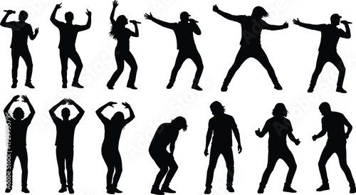 Performer silhouettes, live show, expressive movement, music energy, dancing figures, microphone pose, black artwork, stage vibe, entertainment icon, dynamic action