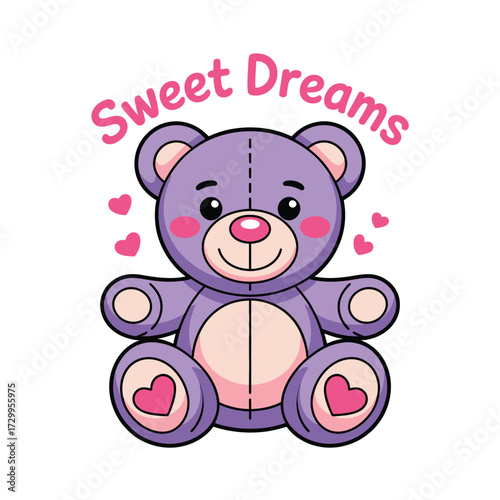 Adorable lavender teddy bear plush toy with sweet dreams text and heart accents for children nursery decor illustration