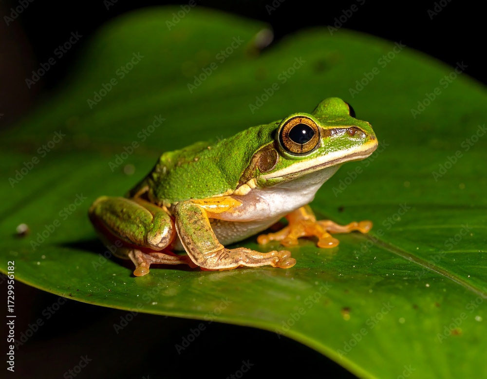 Fototapeta premium A vibrant green frog perched on a large leaf
