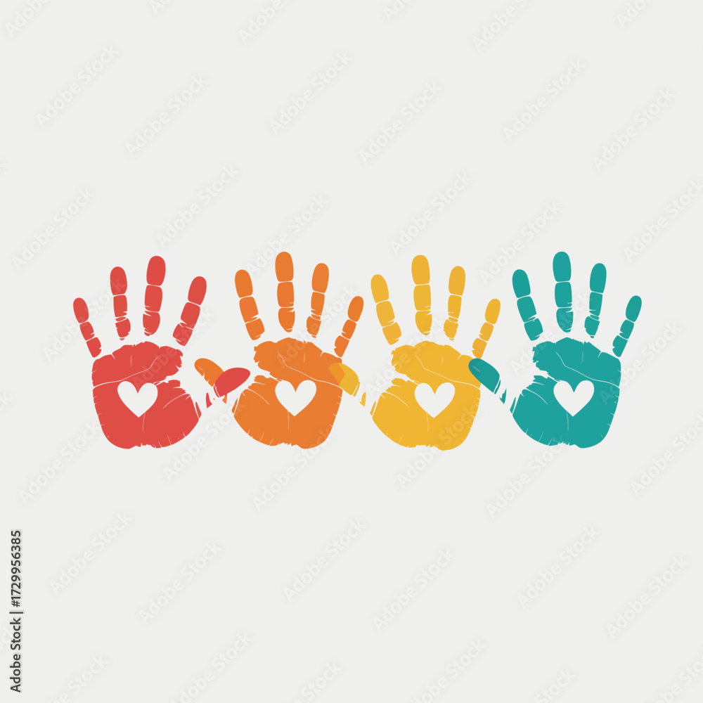 Obraz premium Diverse handprints with hearts representing unity community friendship love and childhood joy illustration