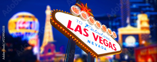 Welcome To Fabulous Las Vegas Sign With Beautiful City Lights at Sunset