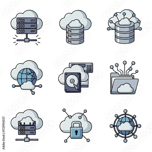 Cloud Computing and Data Storage Icons - Network Servers, Databases, Security, and Global Connectivity