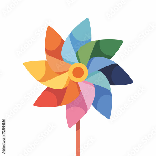 Colorful pinwheel toy spinning with vibrant petals on a stick isolated on white represents fun childhood playtime illustration