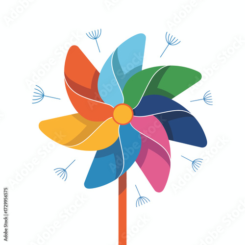 Colorful pinwheel toy spinning freely in the breeze with floating dandelion seeds on a white canvas illustration