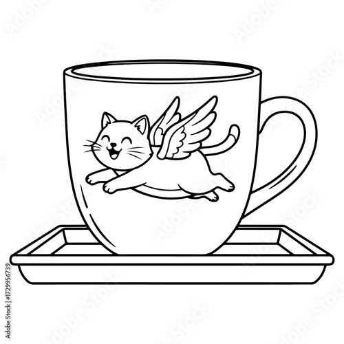 A whimsical coffee cup and saucer featuring a cute cartoon cat with wings. A charming black and white line art illustration of a happy flying kitten, perfect for coloring books or cheerful branding.