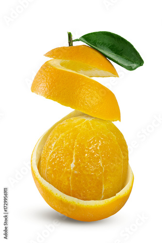 A spiral of vibrant orange peel reveals juicy segments inside, topped with a fresh leaf. The glossy fruit stands out against a clean white background.