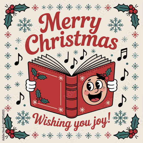 merry christmas carol book, smiling face singing, musical notes and holly border, vintage holiday card, festive vector illustration