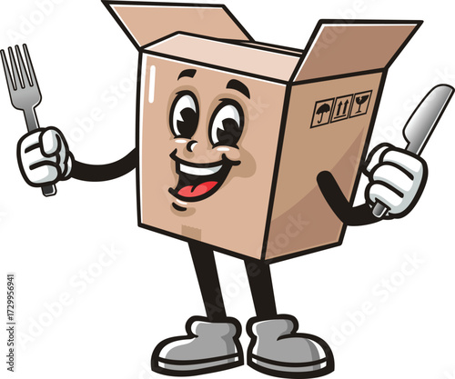 Cartoon mascot of a cardboard box holding a fork and knife