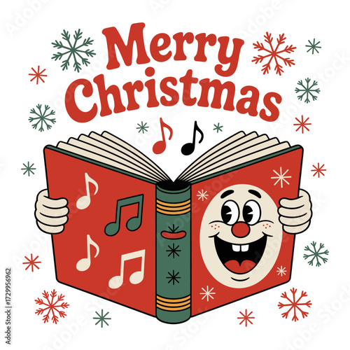 merry christmas greeting, open songbook character, joyful carol singing, snowflakes accents, retro holiday card design, vector illustration