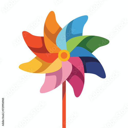 Colorful pinwheel spinning brightly with rainbow petals on a stick enjoying outdoor fun and playful childhood moments illustration