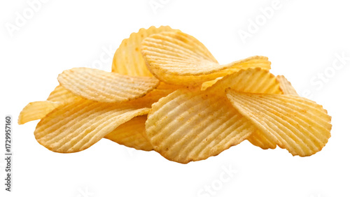 Pile of Delicious Crispy Crinkle Cut Potato Chips on a Black Background Perfect for Snacking and Food Photography Projects
