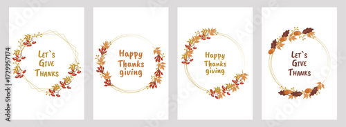 Thanksgiving poster set with festive autumn design. For holiday decoration marketing material social media post and seasonal invitation. Vector illustration