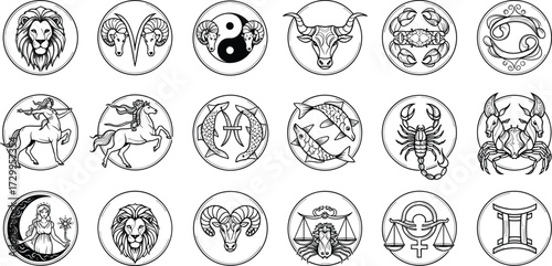 Zodiac icons, astrology symbols, horoscope signs, celestial art, mythological figures, star chart, spiritual design, cosmic theme, circular illustrations, mystic elements