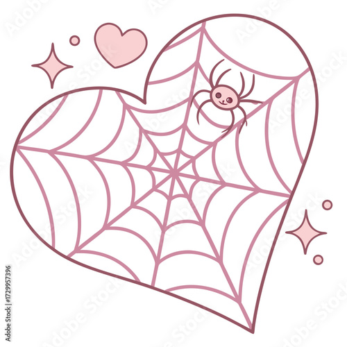 A pink spider sits on a web inside a heart shape with transparent background