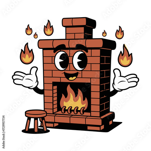 Cute fireplace mascot, smiling burning hearth, cozy flames, cartoon character, winter holiday, Christmas home decor, retro vector illustration