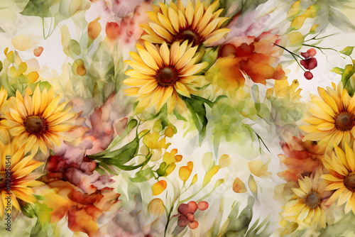 Seamless Autumn Floral Pattern with Watercolor Sunflowers and Leaves.