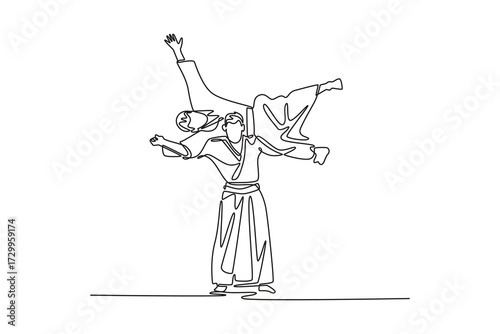 Continuous one line drawing dynamic Aikido throw, with one male figure lifting and inverting his partner, effortless power and balance of technique. Single line draw design vector graphic illustration