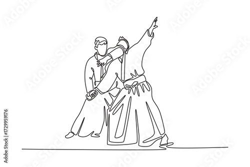 Continuous one line drawing dynamic Aikido throw, with one male figure controlling his partner's momentum and unbalancing with a precise maneuver. Single line draw design vector graphic illustration