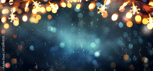 Christmas background with snowflakes lights and falling snow, winter holiday and New Year celebration theme with copy space
