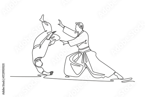 Continuous one line drawing dynamic Aikido throw, with one male figure controlling his partner's executes a forward roll, principle of unbalancing. Single line draw design vector graphic illustration