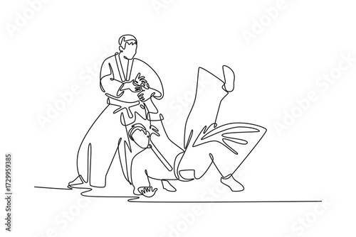 Continuous one line drawing dynamic Aikido technique, with one male figure controlling his partner's momentum through precise wrist lock and throw. Single line draw design vector graphic illustration