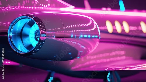 Close-up shot of a purple airplane with lights on, suitable for aviation or travel-themed designs