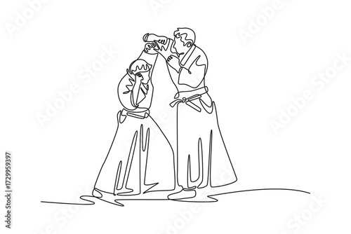 Continuous one line drawing two men execute head-and-neck control, with one figure applying precise pressure on the other, fluid technique Aikido. Single line draw design vector graphic illustration