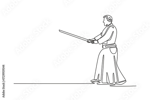 Single continuous line drawing man in traditional uniform stands in ready stance, holding long staff, disciplined focus and readiness of Aikido weapon. One line draw graphic design vector illustration