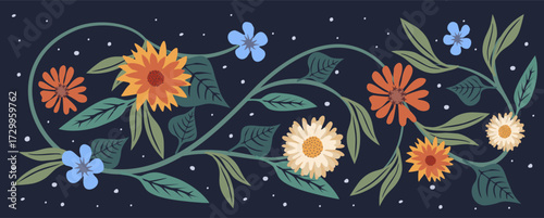 Flat vector floral border with colorful hand-drawn flowers and leaves on dark background. Decorative seamless design for fabric, wallpaper, packaging, and botanical illustrations