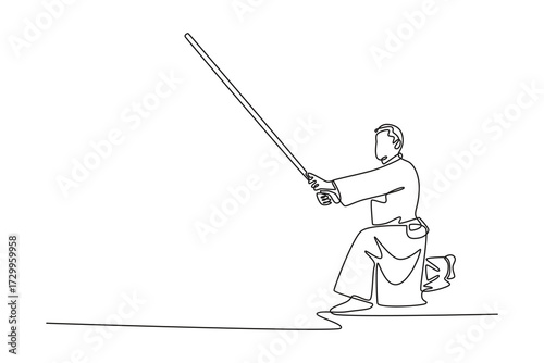 Single one line drawing young man kneeling stance holds long staff extended forward, disciplined focused and grounded power of an Aikido weapon. Continuous line draw design graphic vector illustration