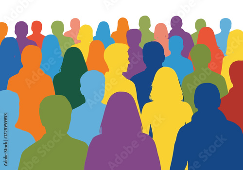 Vector illustration of illustration of diverse crowd of colorful people silhouettes against