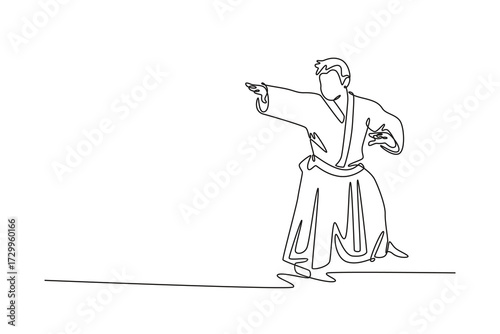 Single one line drawing man in traditional uniform with arms extended in controlling or guiding posture, focused energy of an Aikido technique. Continuous line draw design graphic vector illustration