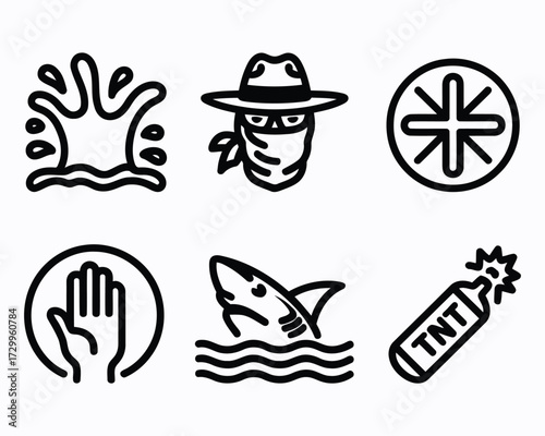 Collection of Bold Line Icons Depicting Diverse Concepts Water Splash Bandit Stop Sign Shark Dynamite Cartoonish and Simplistic Design Style