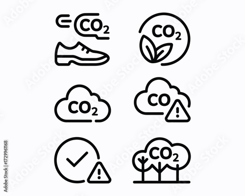 Collection of Carbon Dioxide Related Icons Showing Footprint Reduction and Environmental Concerns Through Footwear Greenery Cloud and Warning Symbols to Show Related Issues